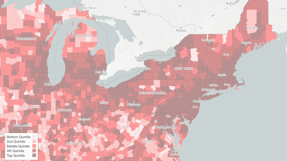 Map of the United States showing earnings of migrants by county